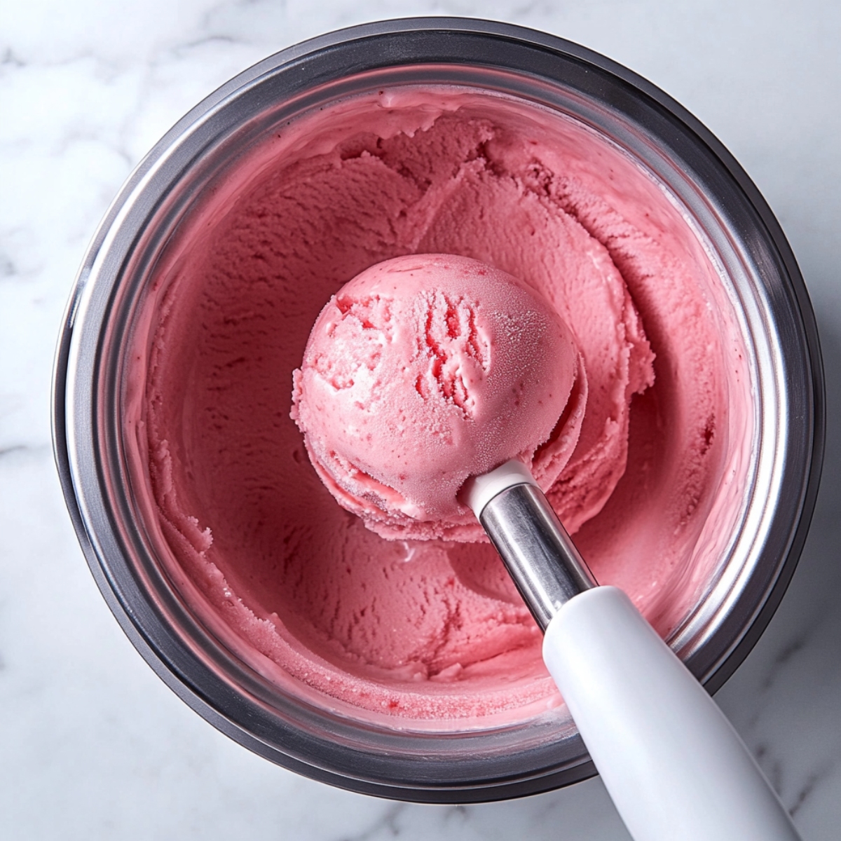 Freshly churned watermelon sorbet in a stainless steel bowl, with a scoop lifted using an ice cream scooper.