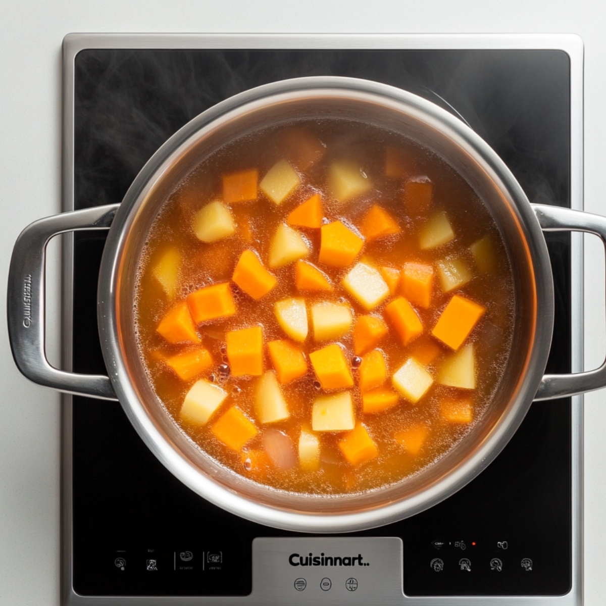 Cubed butternut squash and potatoes simmering in broth inside a stainless steel pot on a Cuisinart induction cooktop, captured during the early stage of making homemade soup.