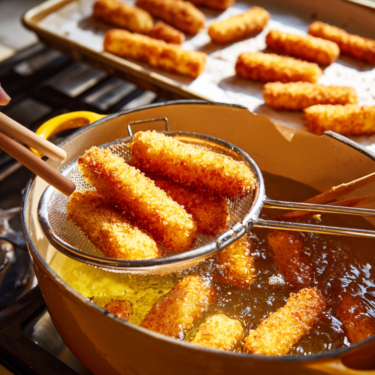 Homemade mozzarella sticks being lifted from hot oil in a yellow Dutch oven, crispy and golden, with more resting on a baking tray in the background.