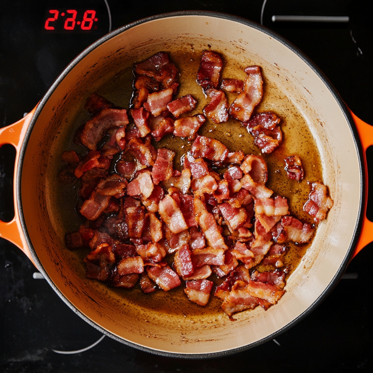 Chopped bacon cooking in a cream-colored Dutch oven with orange handles, sizzling in rendered fat on a black stovetop with a red temperature display.