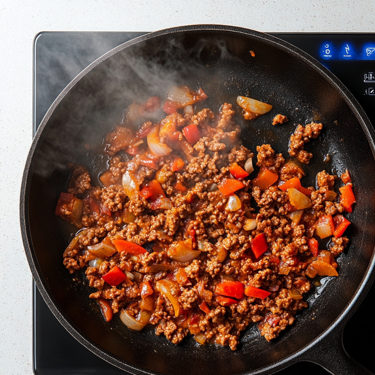 Ground beef cooked in a skillet with diced red bell peppers and onions, steaming hot on a stovetop, showing a rich, well-seasoned meat mixture for Dorito casserole.