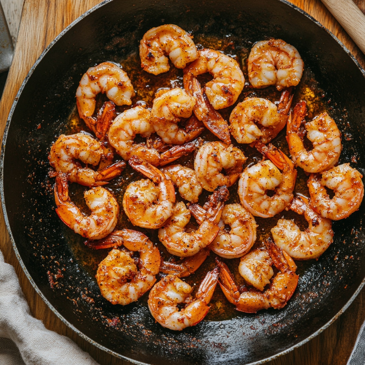 Seasoned shrimp cooking in a hot skillet with golden oil and crisp edges, perfectly seared for homemade shrimp tacos.