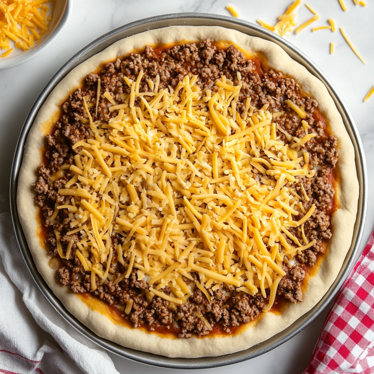 Unbaked taco pizza topped with taco-seasoned ground beef, salsa, and shredded cheddar cheese on a thick crust, ready to go in the oven.