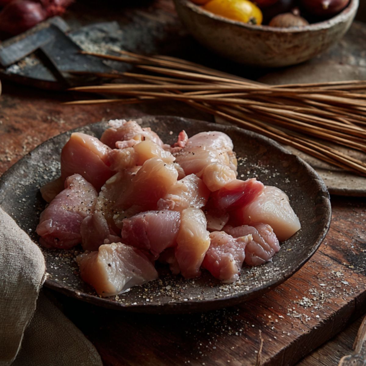 Raw chicken chunks seasoned with salt and pepper on a rustic dark plate, with wooden skewers and natural kitchen tools in the background, ready for homemade ranch garlic parmesan chicken skewers.