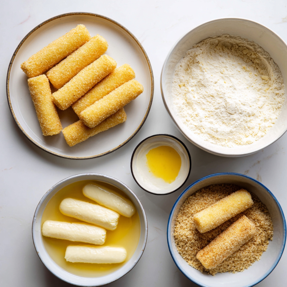 Mozzarella sticks in various coating stages—some in flour, some in egg wash, others in breadcrumbs, and a finished batch on a plate—all arranged on a clean white kitchen surface.