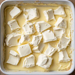 Chunks of cream cheese scattered over a layer of lemon pie filling in a white baking dish, ready for the next layer in a homemade dump cake.