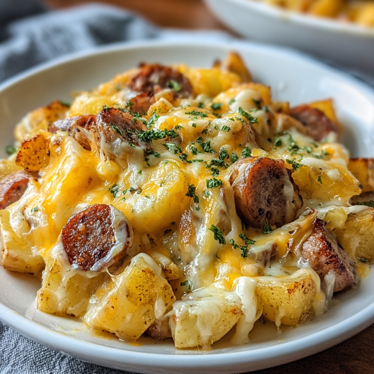 Easy Cheesy Ranch Potatoes and Sausage, melted cheese, and parsley, served on a white plate.