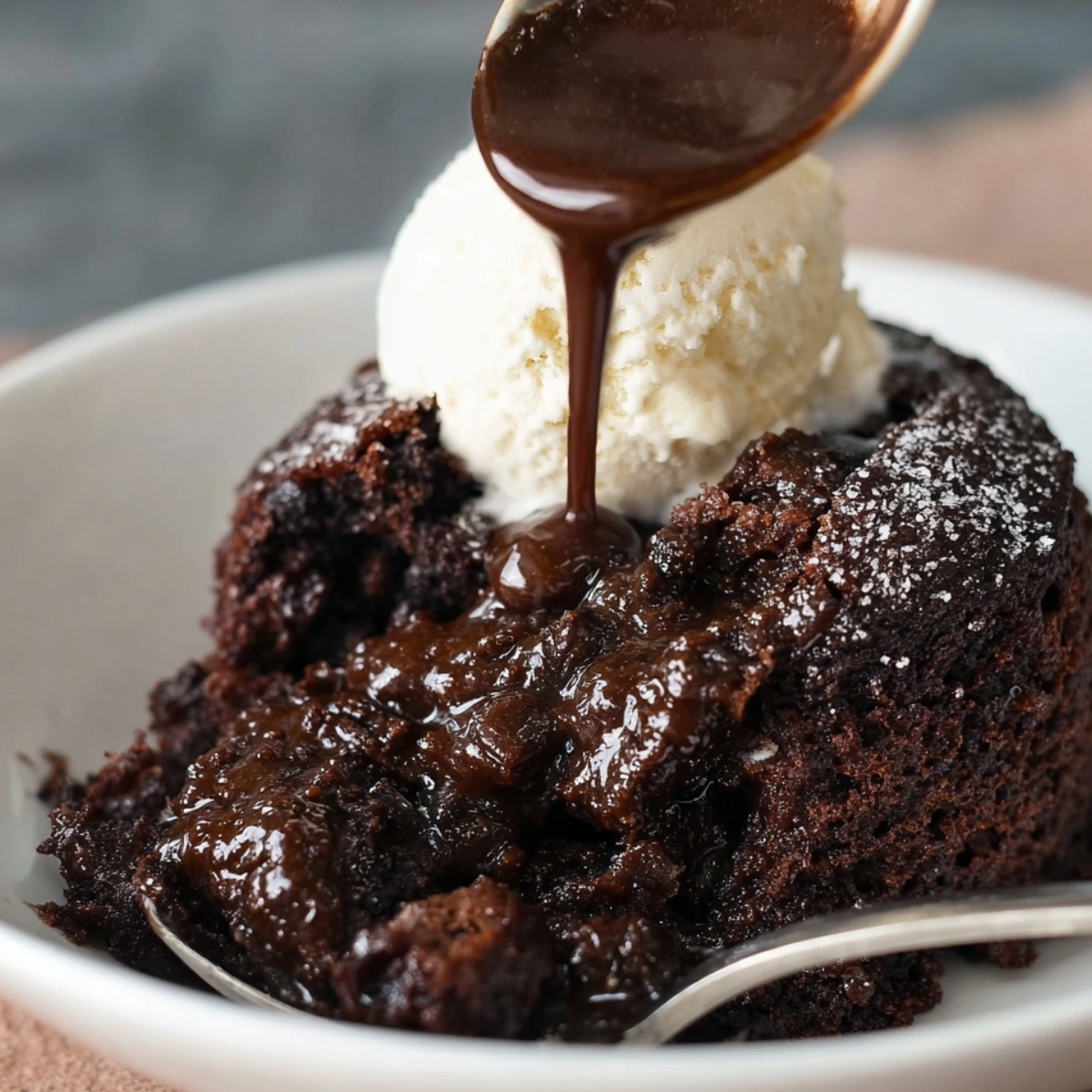 A warm slice of homemade chocolate pudding cake topped with vanilla ice cream and a drizzle of chocolate sauce in a white bowl.