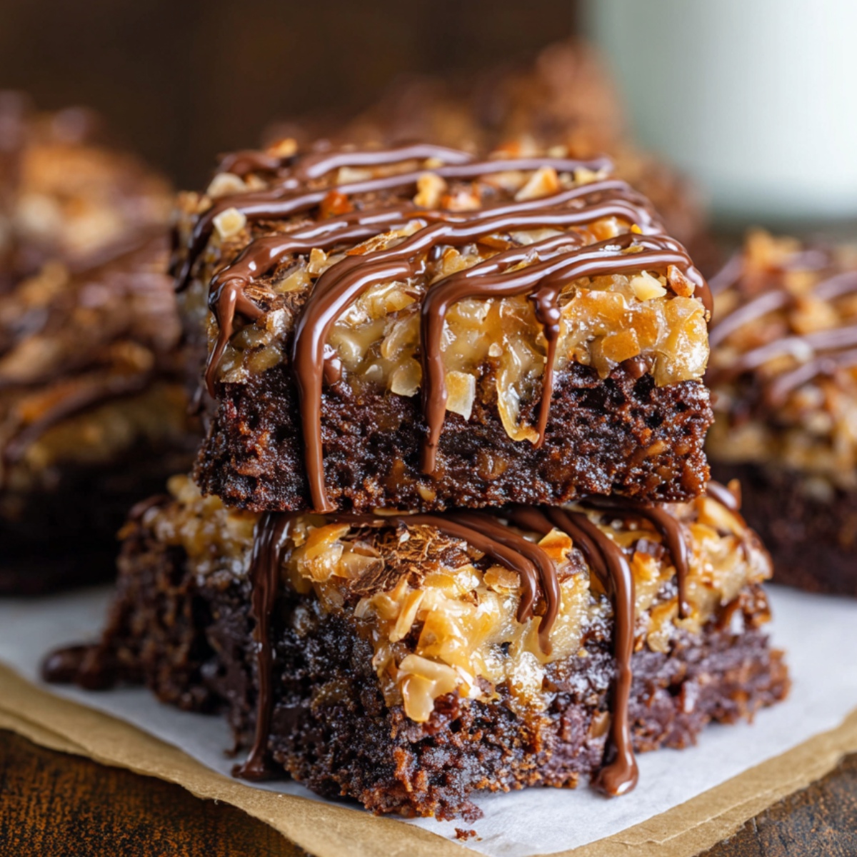 Two rich German chocolate brownies stacked on parchment, topped with gooey coconut-pecan frosting and drizzled with melted chocolate, with more brownies blurred in the background.