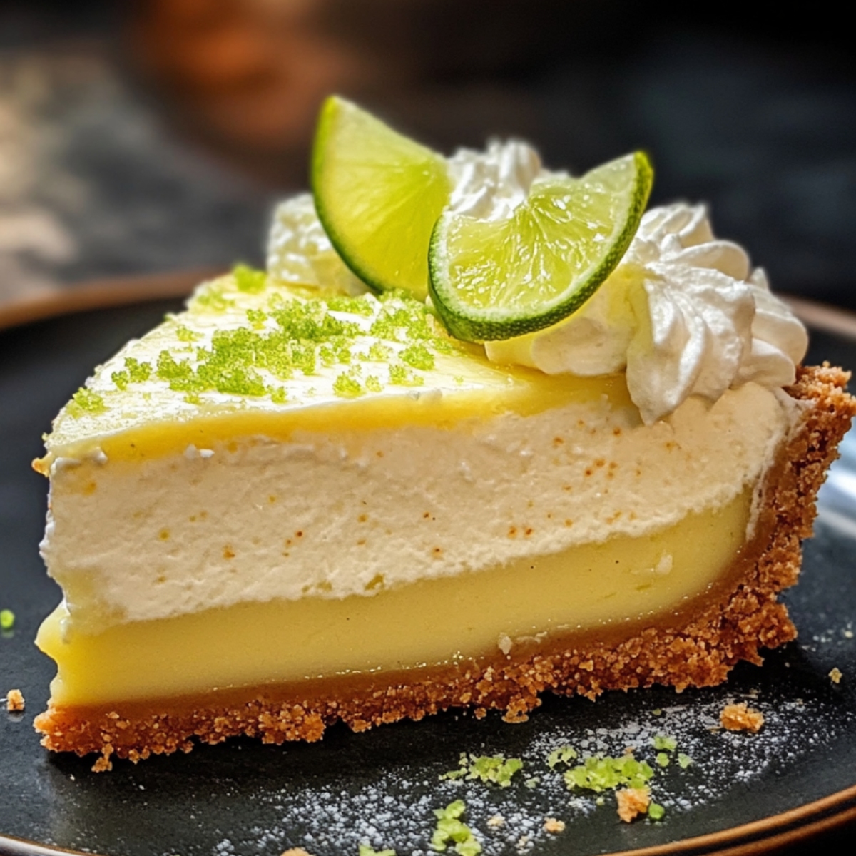 A slice of homemade Key Lime Pie with a graham cracker crust, creamy yellow filling, whipped topping, lime wedges, and zest, served on a dark plate with scattered crumbs.