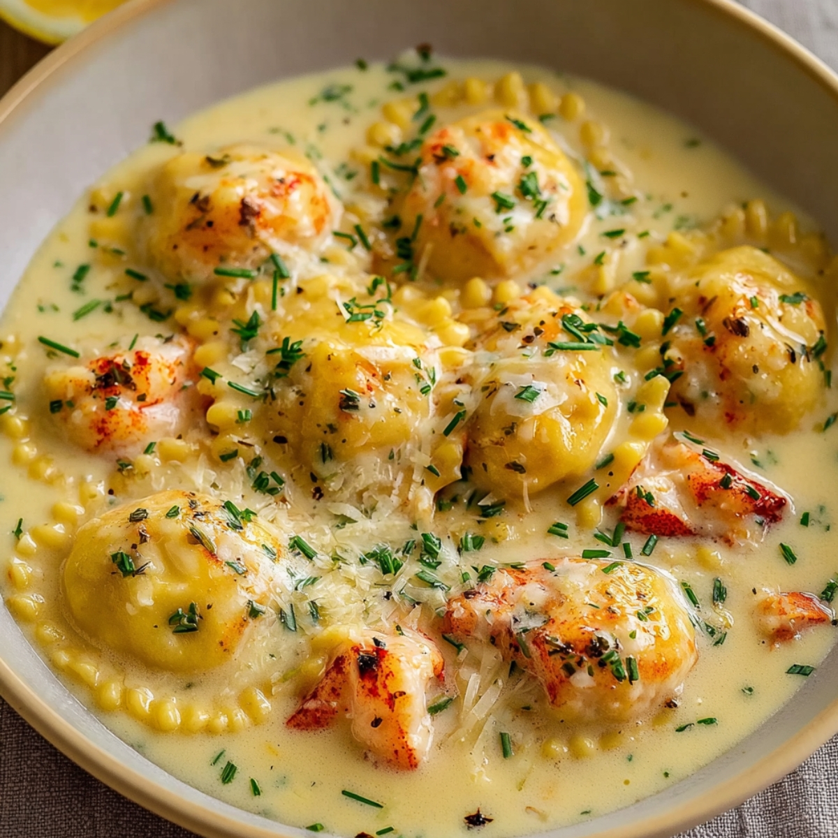 lobster ravioli in creamy golden sauce, topped with lobster chunks and fresh thyme, served in a gray bowl with a rustic, real-kitchen look.