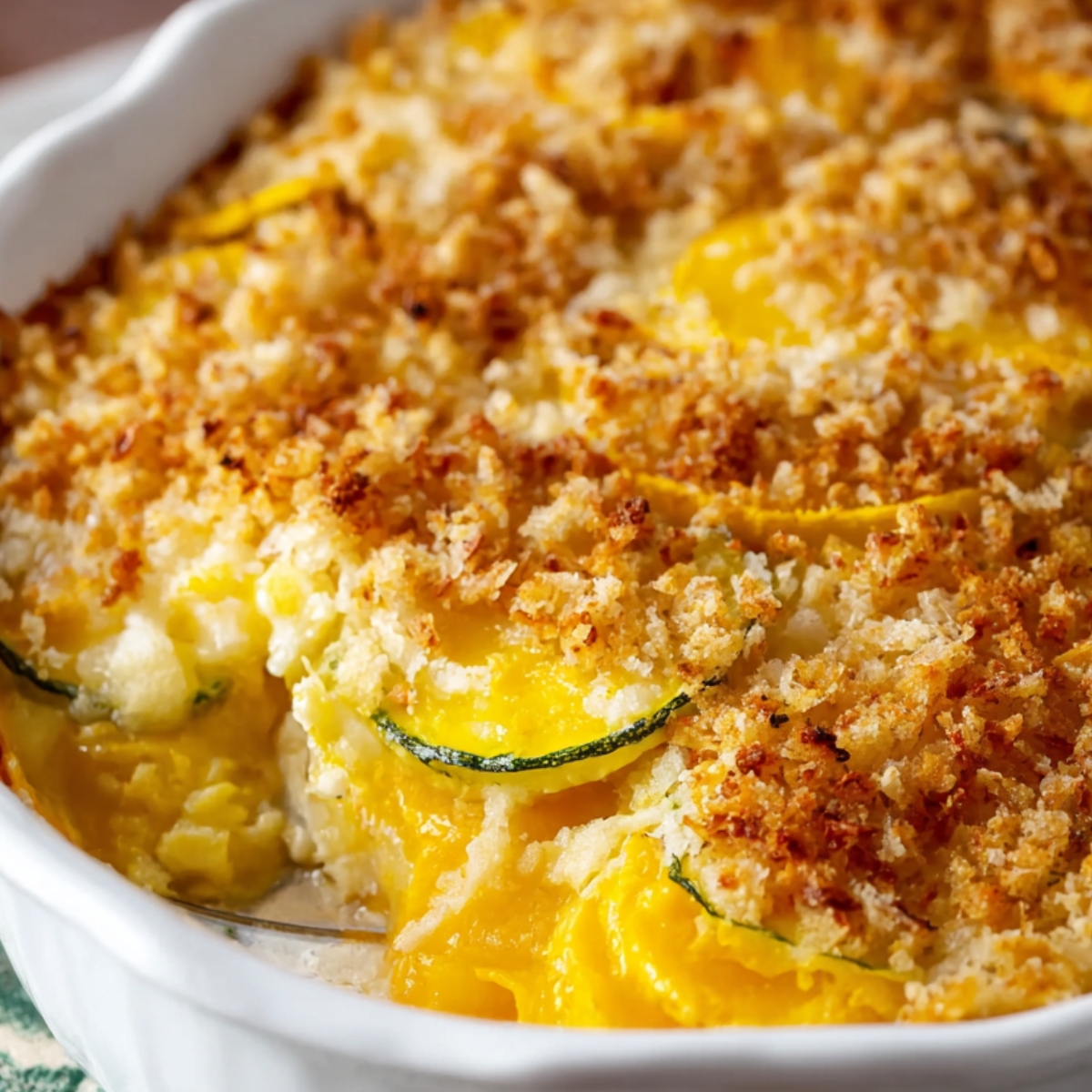 Homemade squash casserole in a white dish with golden breadcrumb topping and a creamy, cheesy squash filling. A portion has been scooped out.
