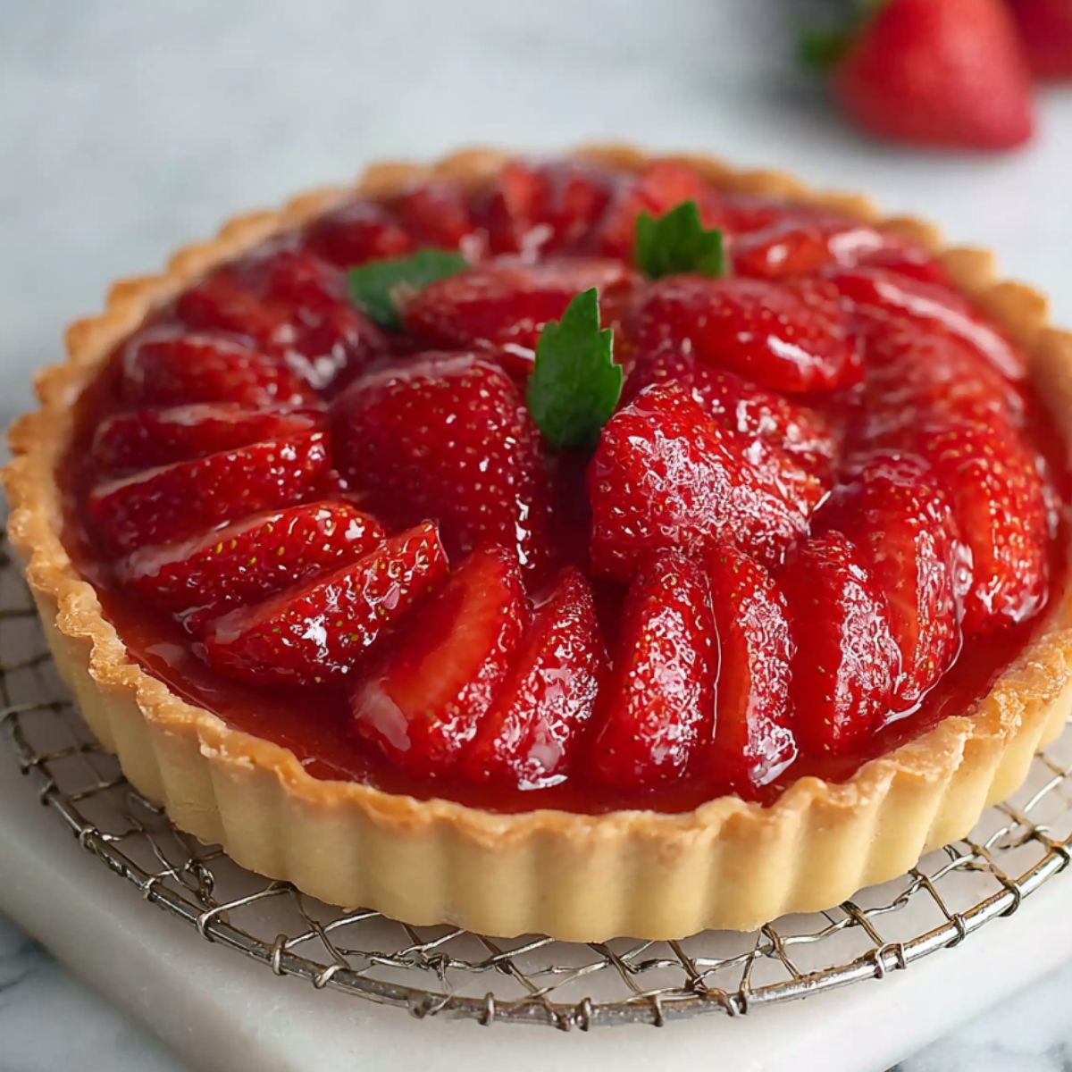 Easy strawberry tart with a golden crust, topped with glossy, syrup-coated fresh strawberries and a light dusting of powdered sugar, cooling on a wire rack over a marble counter.