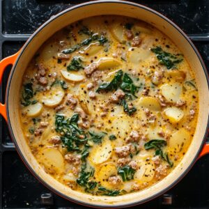A simmering pot of homemade Zuppa Toscana soup with sliced potatoes, crumbled sausage, kale, and creamy golden broth, seasoned with black pepper in an orange-handled Dutch oven on a stovetop.