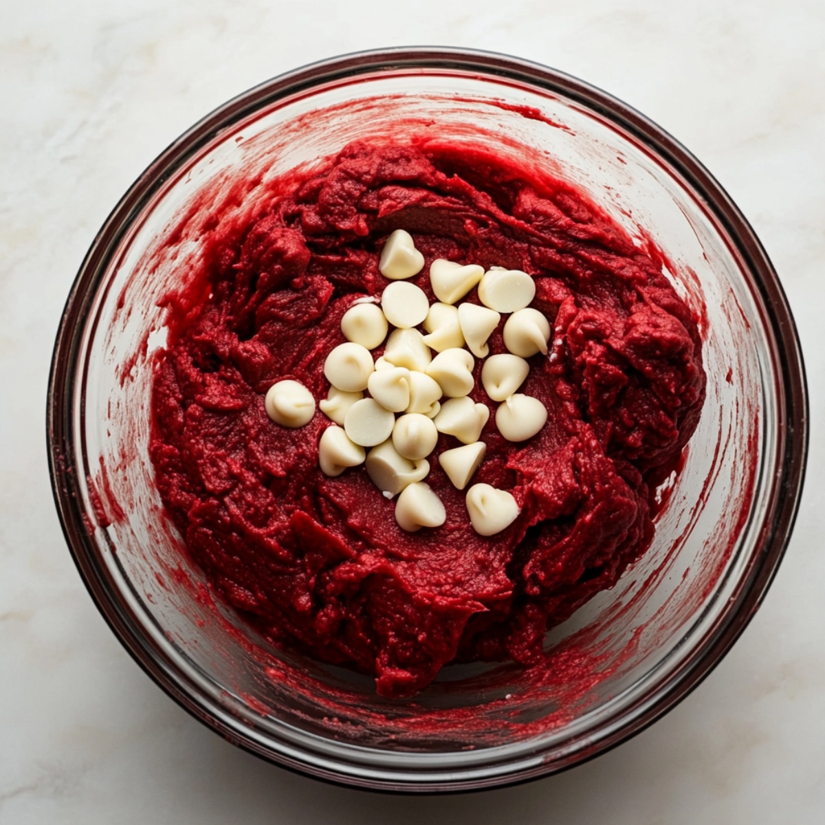 Glass bowl of red velvet cookie dough with white chocolate chips on top, ready to mix, on a light countertop.