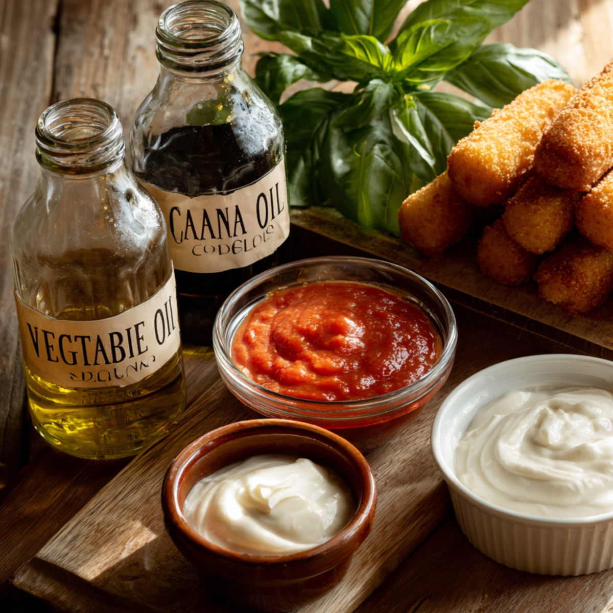 Homemade fried mozzarella sticks served with marinara sauce, ranch, and mayonnaise, alongside bottles of vegetable and canola oil, with fresh basil on a rustic wooden table.