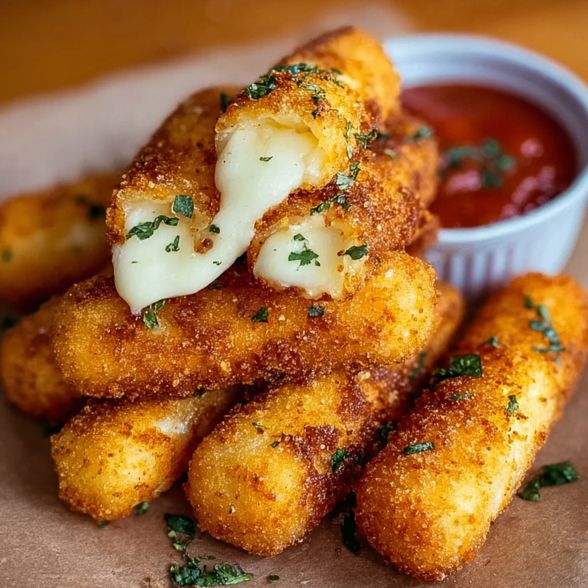 A stack of crispy homemade fried mozzarella sticks on parchment paper, topped with one pulled apart to reveal melted cheese, garnished with parsley and served with marinara sauce in a ramekin.