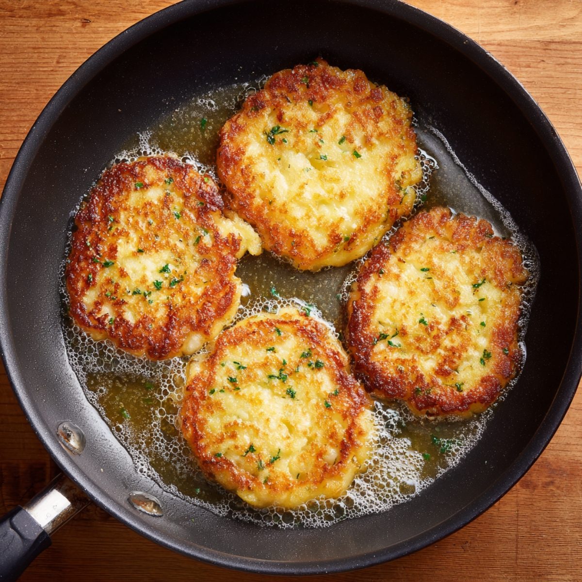 Cheesy potato pancakes sizzling in hot oil in a black skillet, golden brown with crispy edges and sprinkled with herbs, cooking on a wooden countertop.
