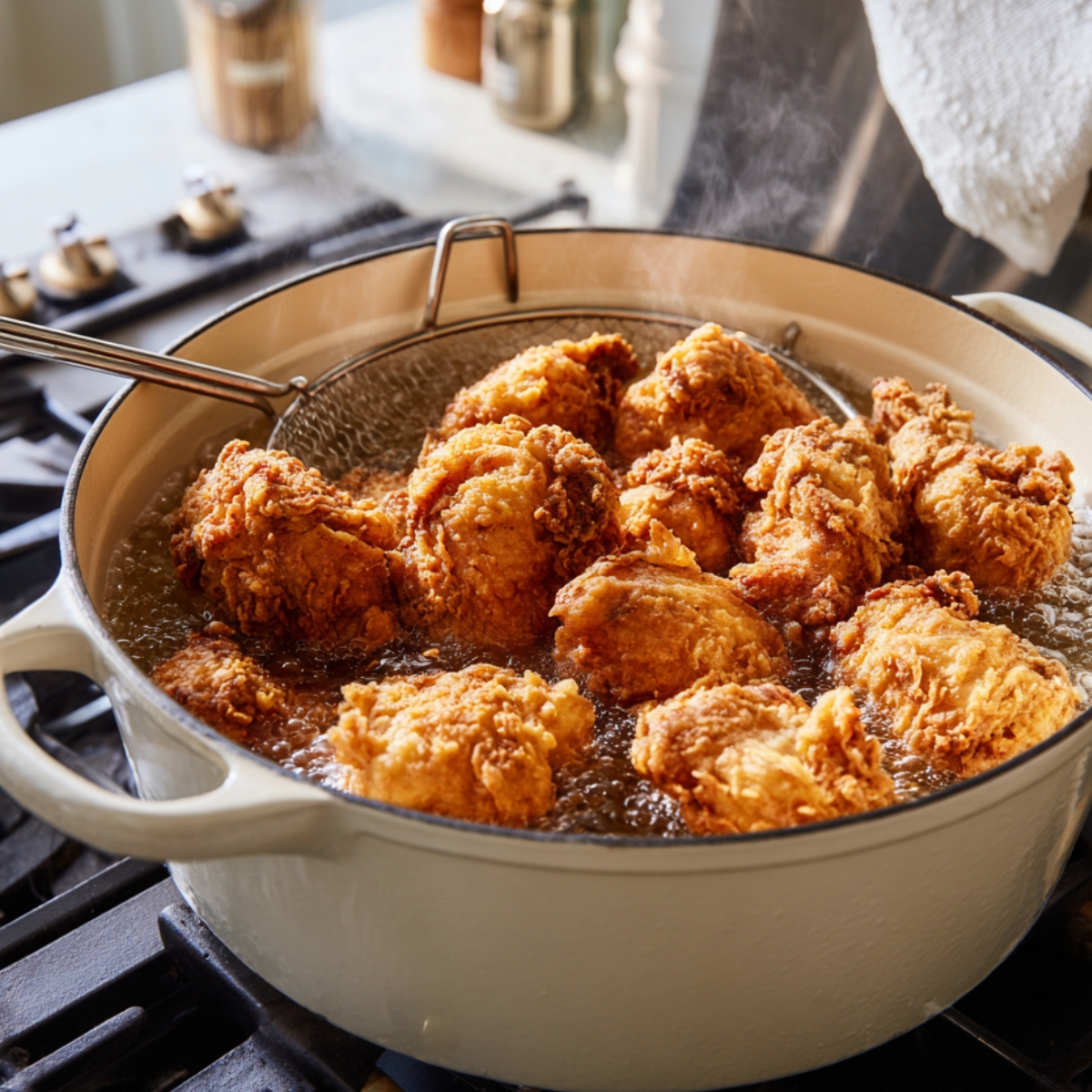 Golden fried Bang Bang Chicken cooking in hot oil in a Dutch oven, with a strainer lifting crispy pieces on a stovetop. Steam rising in a real kitchen setting.