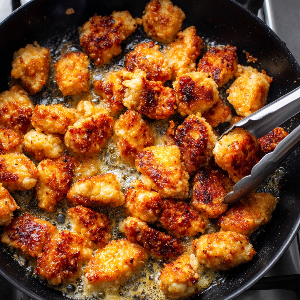 Golden-brown bite-sized chicken pieces frying in a black skillet, bubbling in oil, with metal tongs lifting one crispy piece.