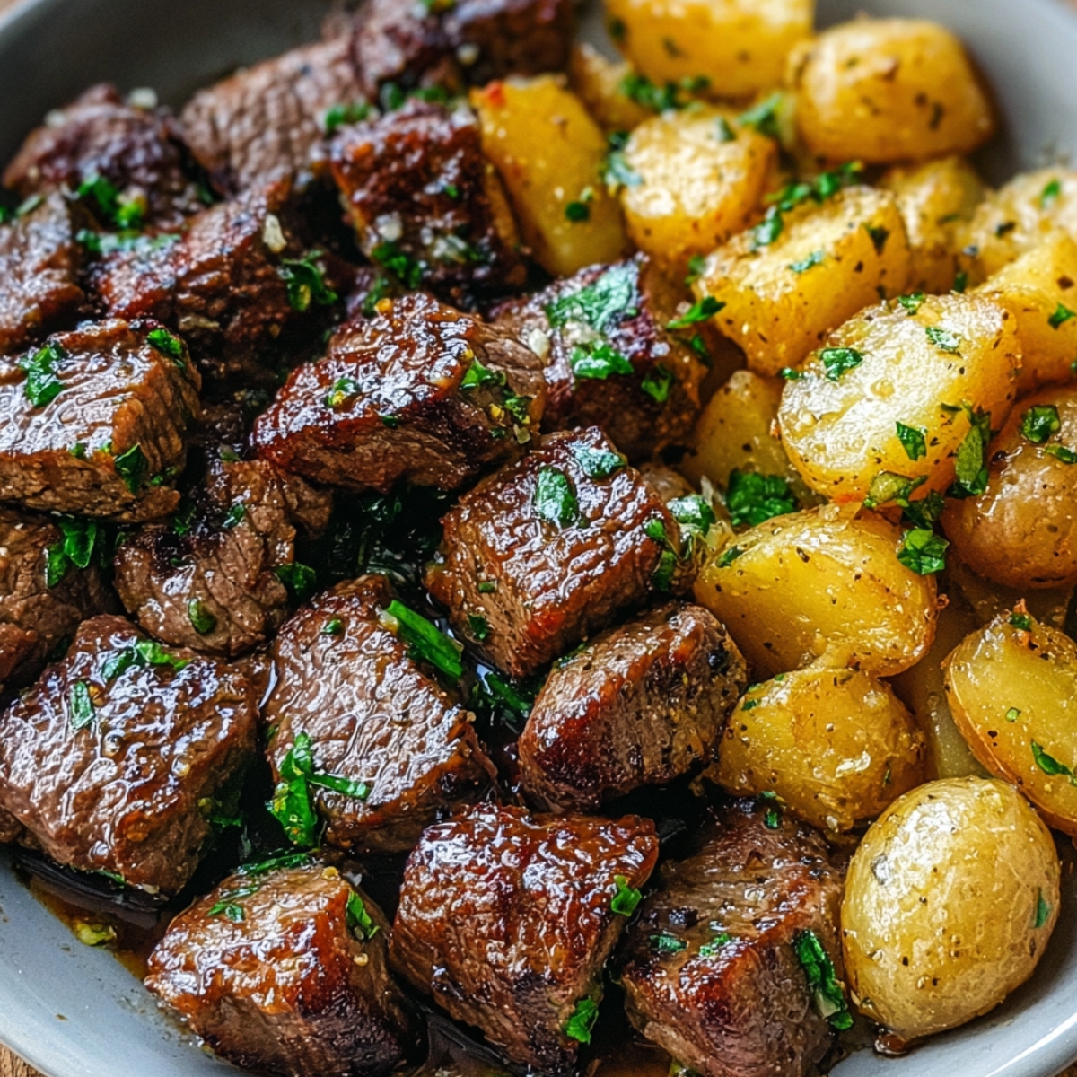 Homemade Garlic Steak Bites and Potatoes on a round grey plate. The steak is juicy, caramelized, and coated in garlic butter with parsley. The golden potatoes are halved, tender, and lightly seasoned with herbs.