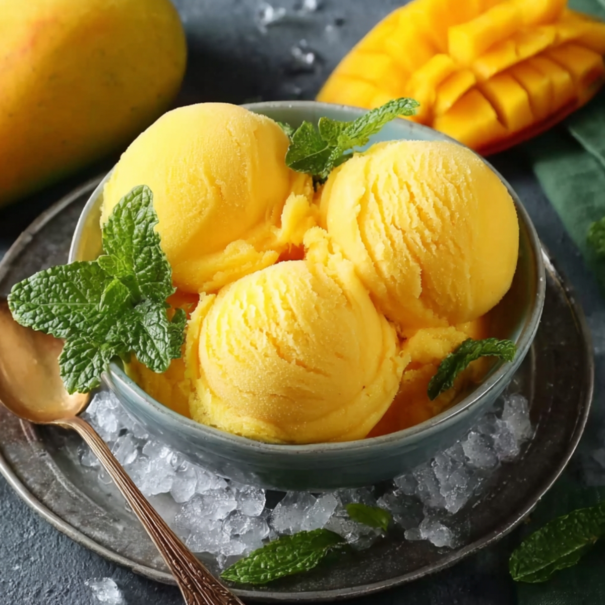 Three scoops of mango sorbet in a teal bowl with mint garnish, sitting on crushed ice with a sliced mango and spoon nearby.