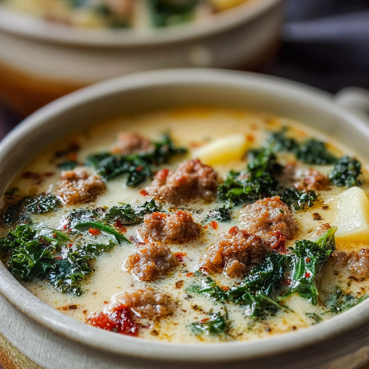 A warm bowl of homemade Zuppa Toscana soup with creamy broth, sausage, potatoes, kale, and red pepper flakes, served in a rustic beige bowl.