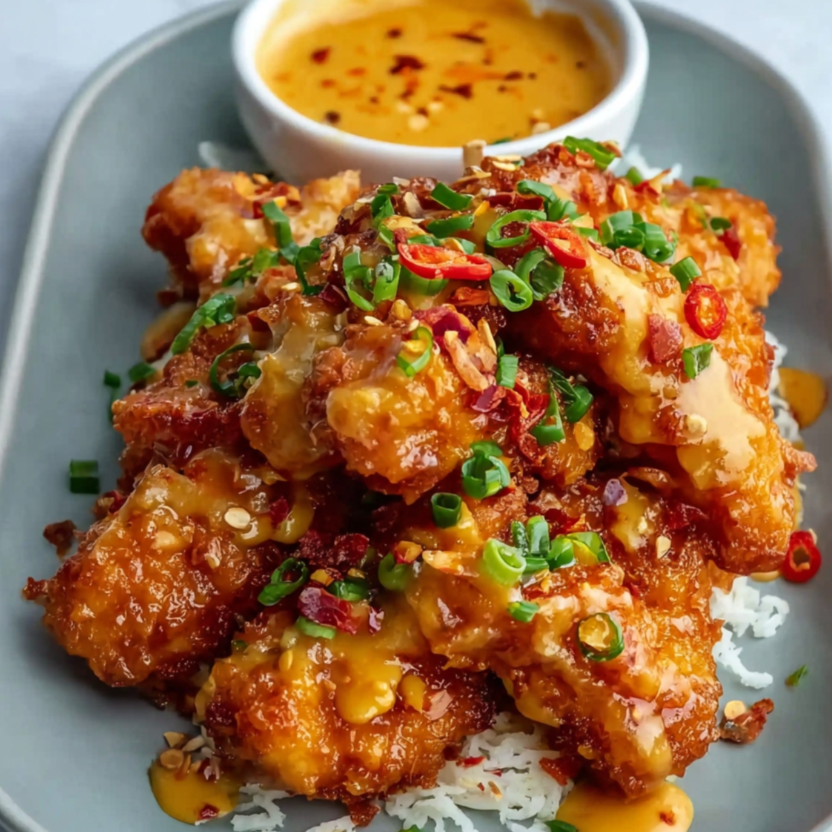 Crispy Bang Bang Chicken over white rice, topped with spicy orange sauce, green onions, red chili, sesame seeds, and served with a dipping sauce and fresh parsley on a speckled plate.