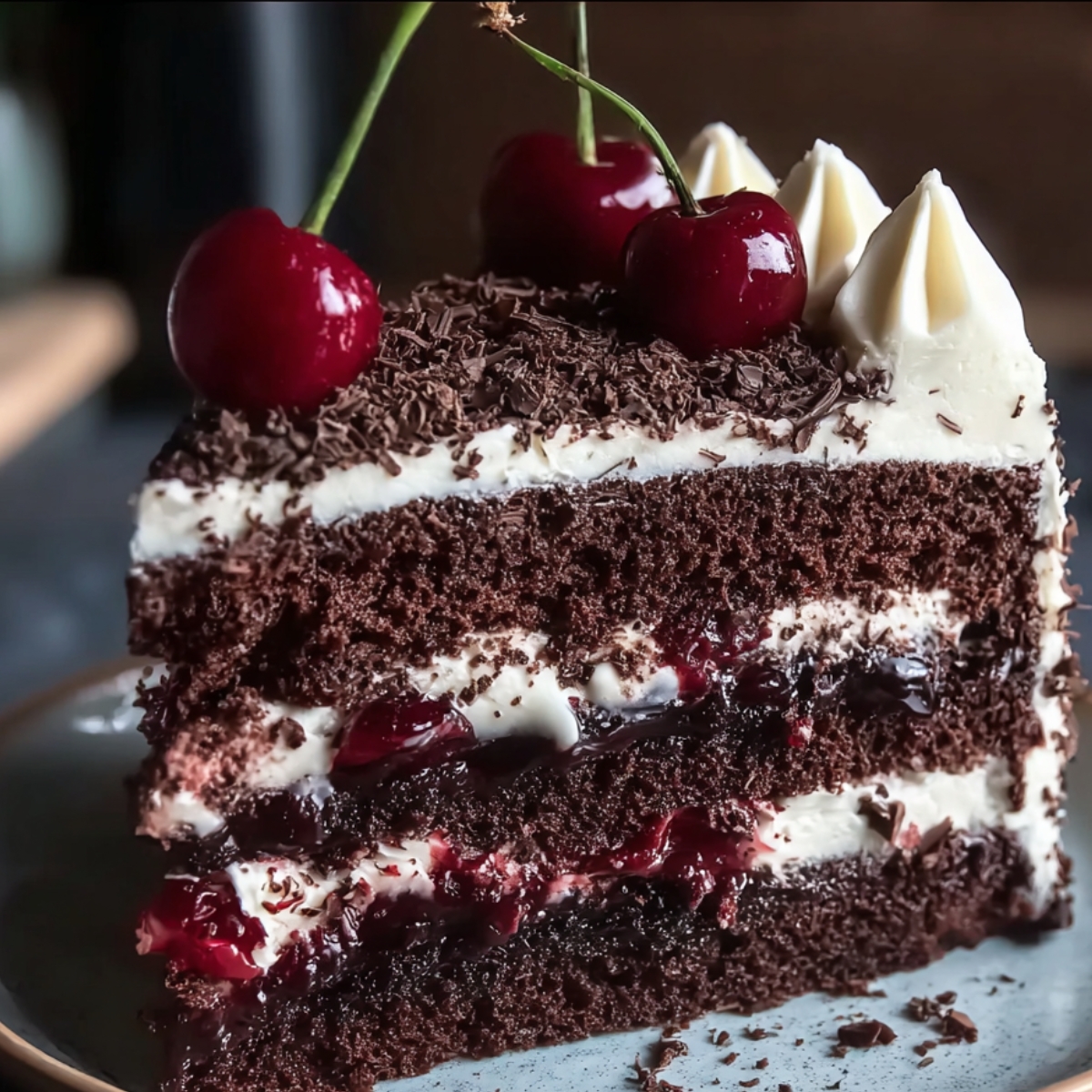 A slice of homemade Black Forest cake with chocolate layers, whipped cream, cherry filling, dark chocolate shavings, and fresh cherries on top.