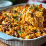 Homemade cheeseburger casserole in a white baking dish with gooey melted cheddar, ground beef, and noodles, topped with parsley. A wooden spoon lifts a hot, cheesy portion, showing the rich, bubbly texture.