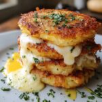 A stack of crispy, golden cheesy potato pancakes on a white plate, with melted cheese oozing out between the layers and finely chopped herbs sprinkled on top and around the plate.