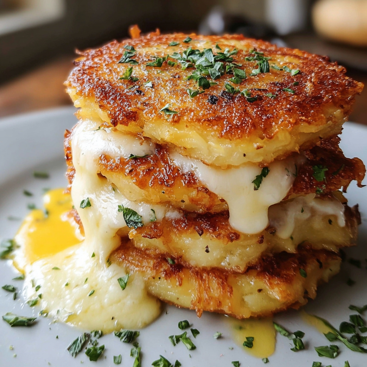 A stack of crispy, golden cheesy potato pancakes on a white plate, with melted cheese oozing out between the layers and finely chopped herbs sprinkled on top and around the plate.