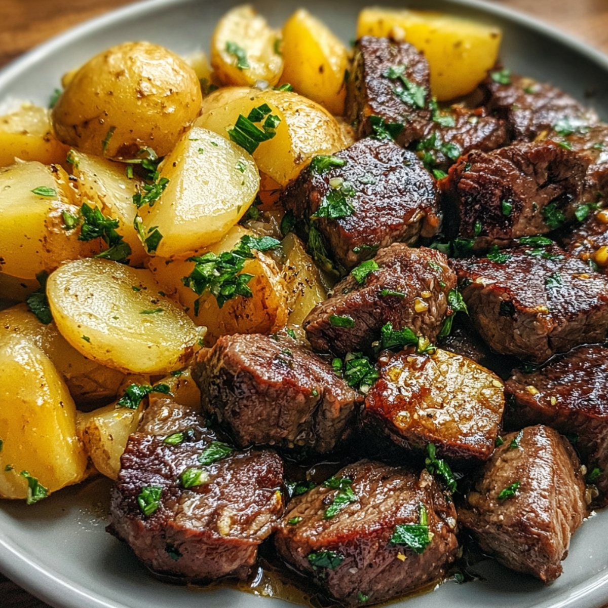 Homemade Garlic Steak Bites and Potatoes on a round plate. The steak is seared and juicy, coated in garlic butter and chopped parsley. The potatoes are halved, golden, and tender with a light herb seasoning.