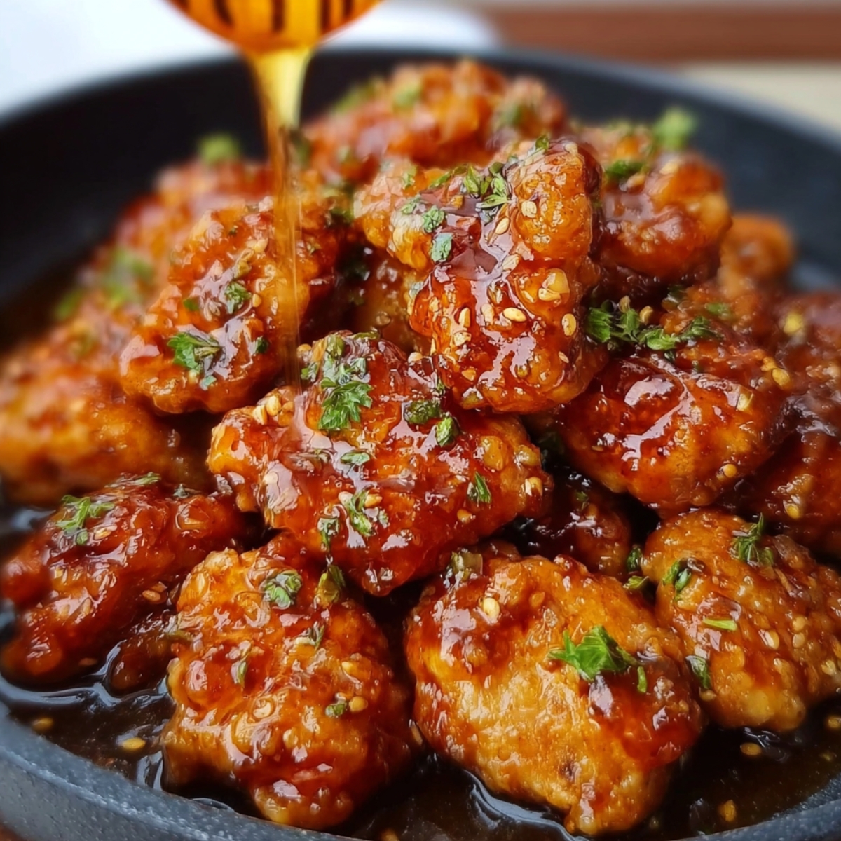 Homemade Honey Butter Chicken glazed in sticky sauce, topped with parsley and sesame seeds, with honey being drizzled over.