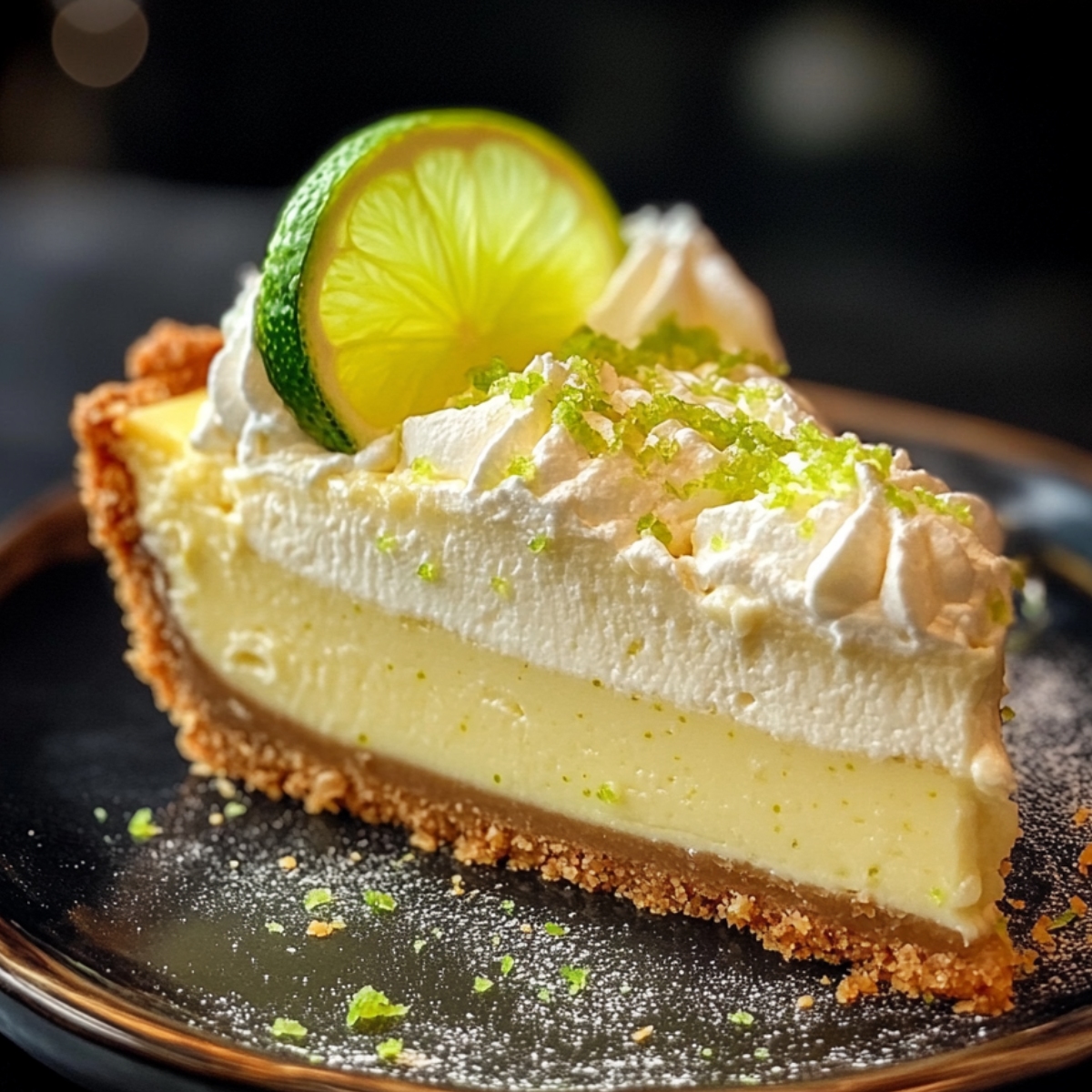 A slice of homemade Key Lime Pie with a graham cracker crust, creamy yellow filling, whipped cream topping, a lime slice garnish, and lime zest sprinkled on top, served on a dark plate.