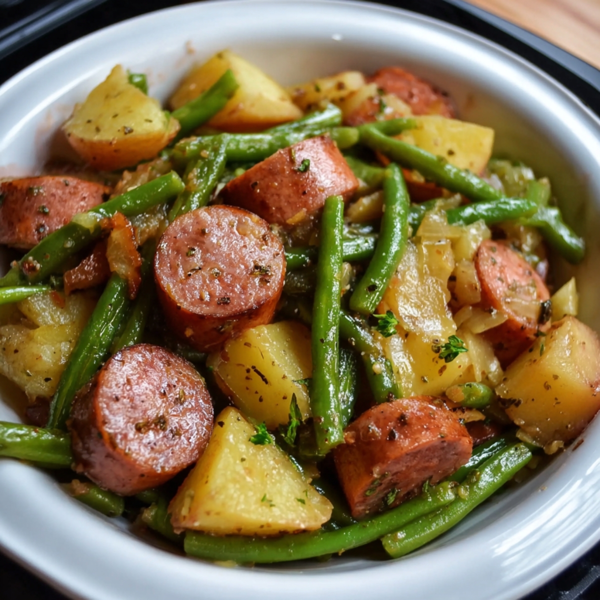 Homemade Kielbasa Green Beans and Potatoes, baby potatoes, and green beans, tossed with onions and herbs, served in a white dish with a black rim.