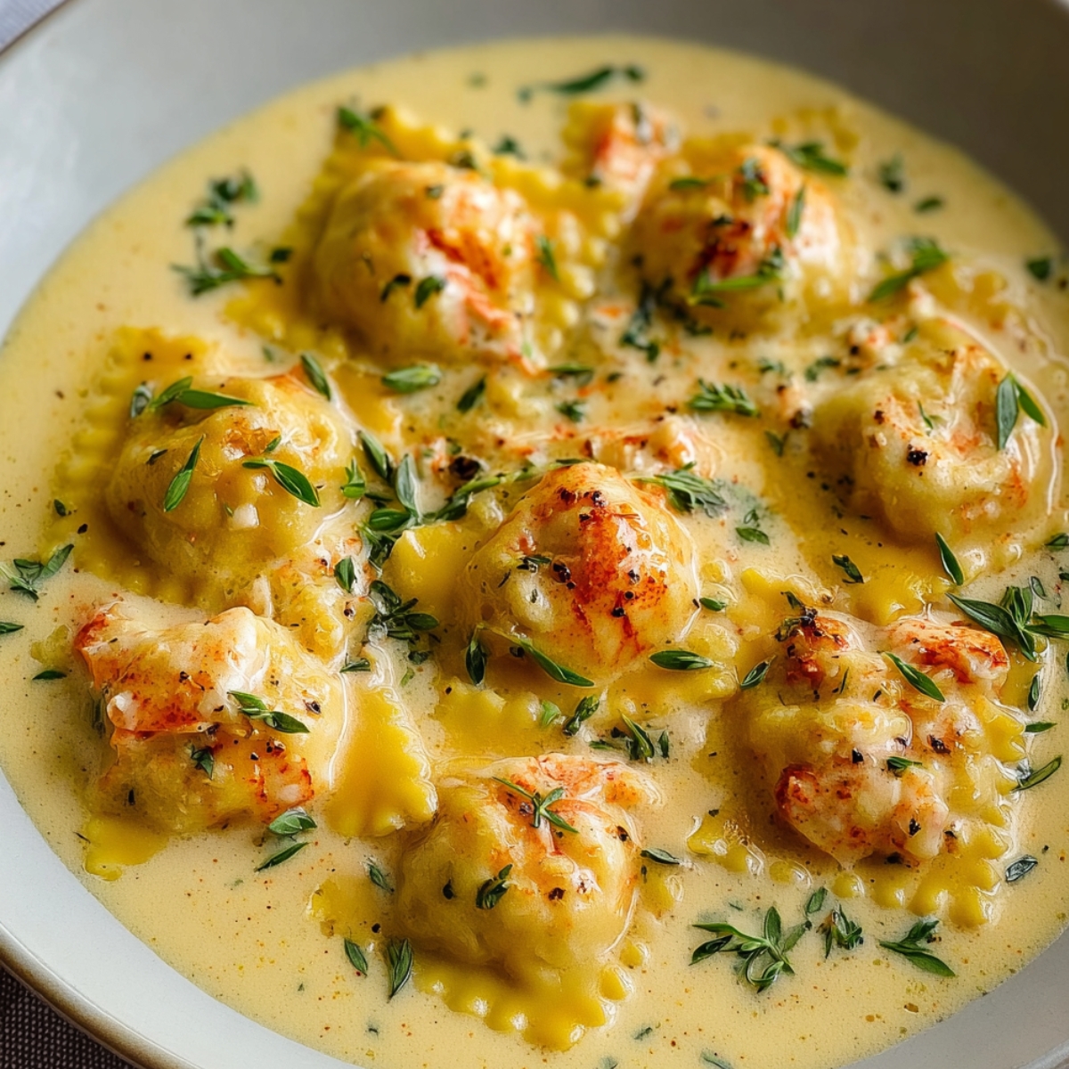 Homemade lobster ravioli in a creamy golden sauce, topped with fresh thyme and chunks of lobster, served in a shallow bowl with a rustic, real-kitchen feel.