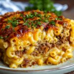 A homemade slice of mac and cheese meatloaf casserole with gooey elbow macaroni, a beef layer, crispy golden cheese on top, and parsley garnish, served on a plate with a checkered napkin in the background.