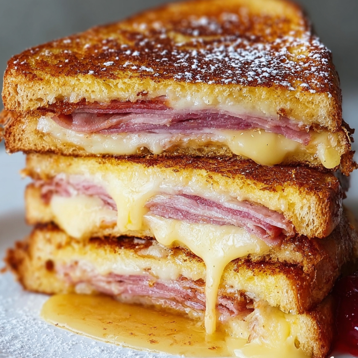 Stacked slices of a homemade Monte Cristo sandwich with golden French toast bread, layers of ham and melted cheese, dusted with powdered sugar and served with raspberry jam.