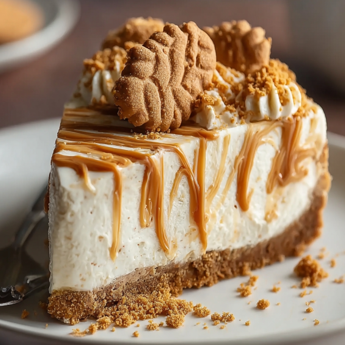 Slice of no bake Biscoff cheesecake with a cookie crust, creamy filling, Biscoff drizzle, whipped cream, and whole cookies on top. Crumbs on the plate for a homemade touch.