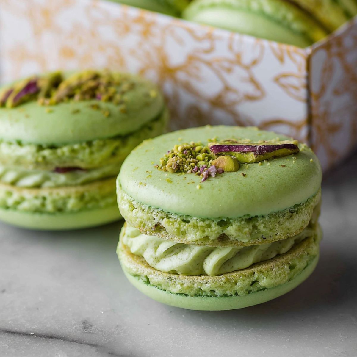 Two homemade pistachio macarons on a marble surface, filled with piped pistachio buttercream and topped with crushed pistachios and dried rose petals, with more macarons in a patterned gift box in the background.