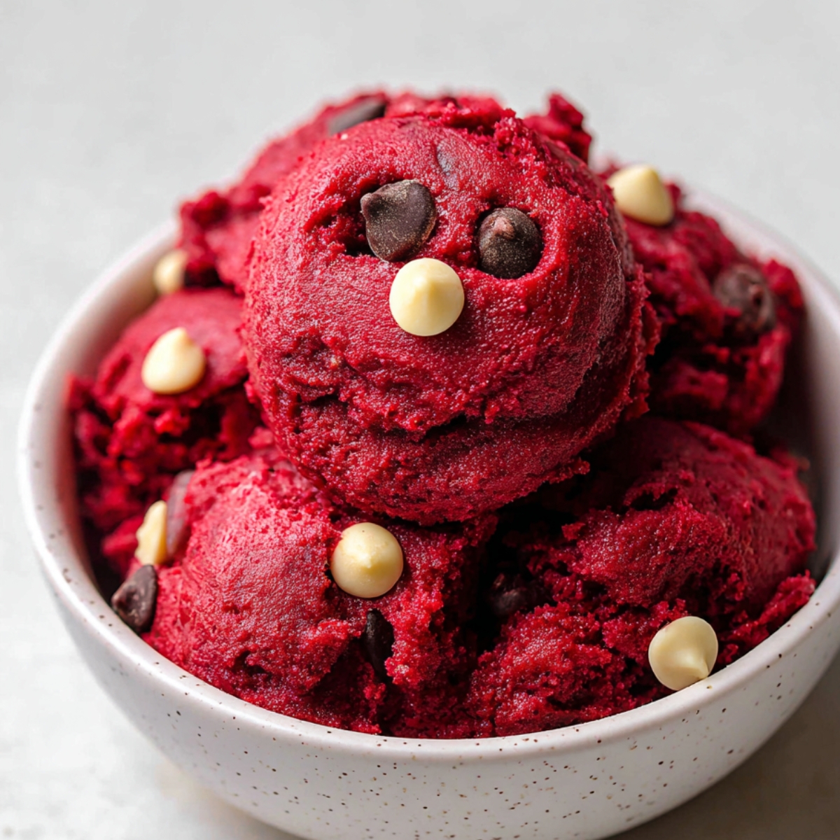 Homemade red velvet cookie dough scoops in a white bowl, studded with white and dark chocolate chips, on a light gray surface.
