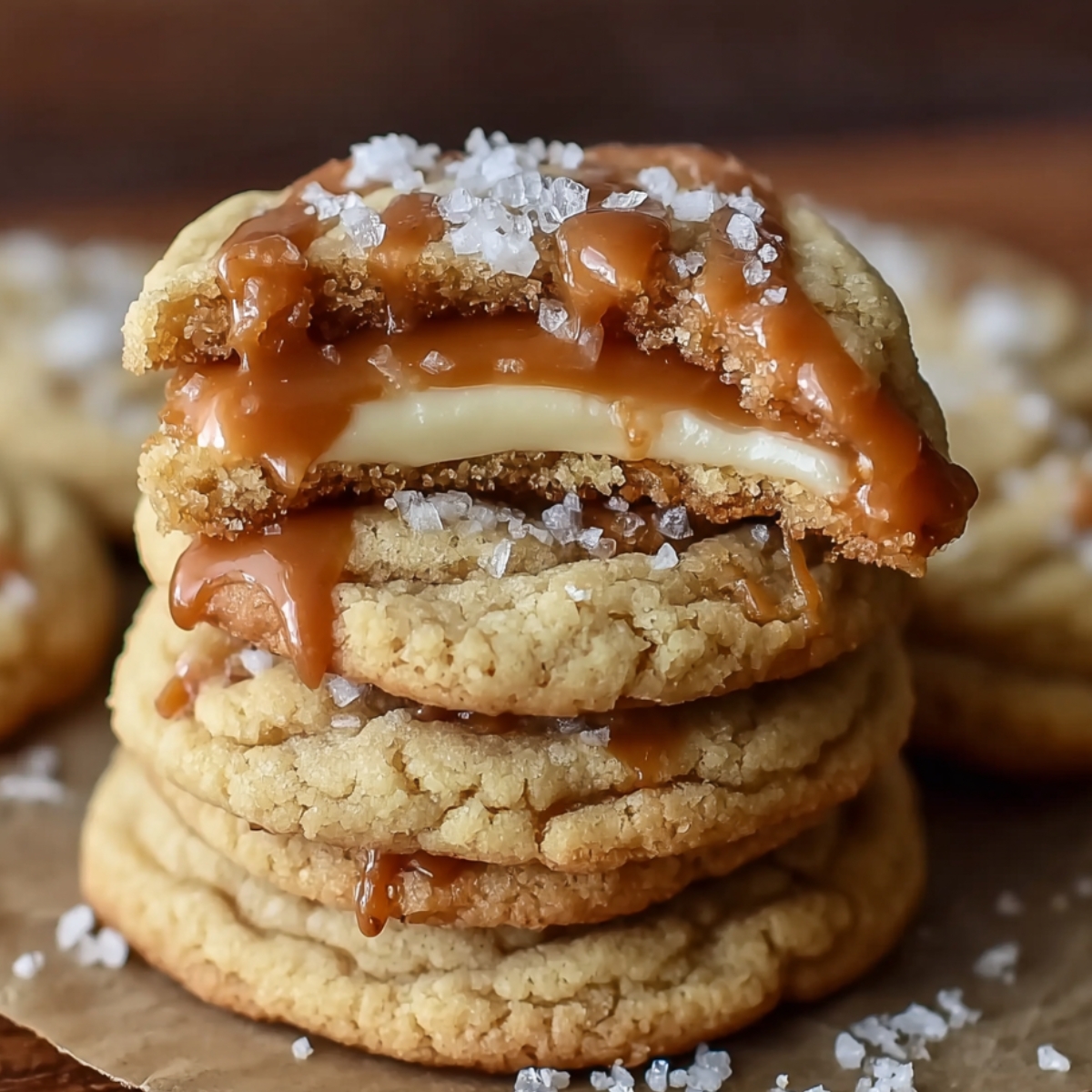 Homemade salted caramel cheesecake cookies topped with coarse sea salt, one cookie bitten to reveal gooey caramel and creamy cheesecake center.