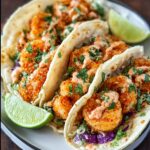 Homemade shrimp tacos in soft flour tortillas, topped with crispy seasoned shrimp, creamy chipotle sauce, shredded purple cabbage, fresh cilantro, and lime wedges on the side.