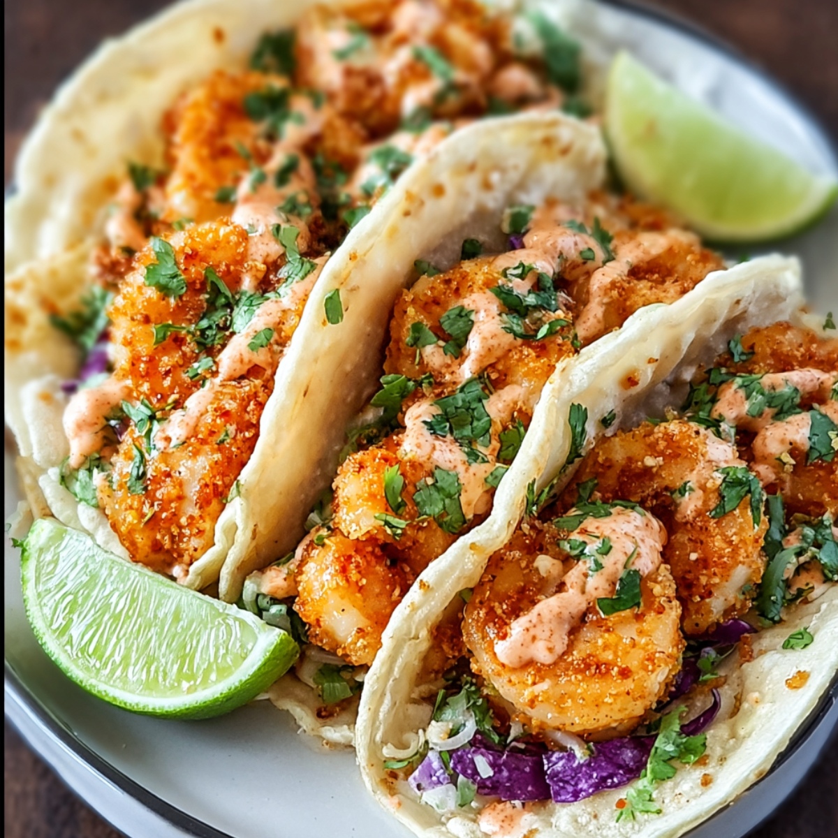 Homemade shrimp tacos in soft flour tortillas, topped with crispy seasoned shrimp, creamy chipotle sauce, shredded purple cabbage, fresh cilantro, and lime wedges on the side.