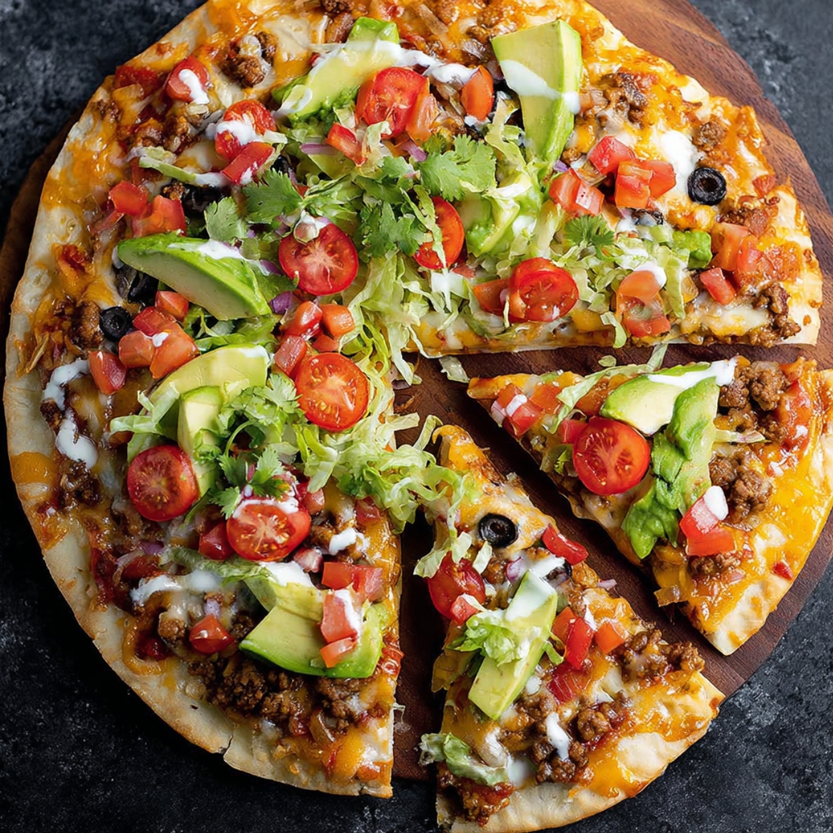 Homemade taco pizza topped with ground beef, cheese, lettuce, tomatoes, avocado, and sour cream on a wooden board.