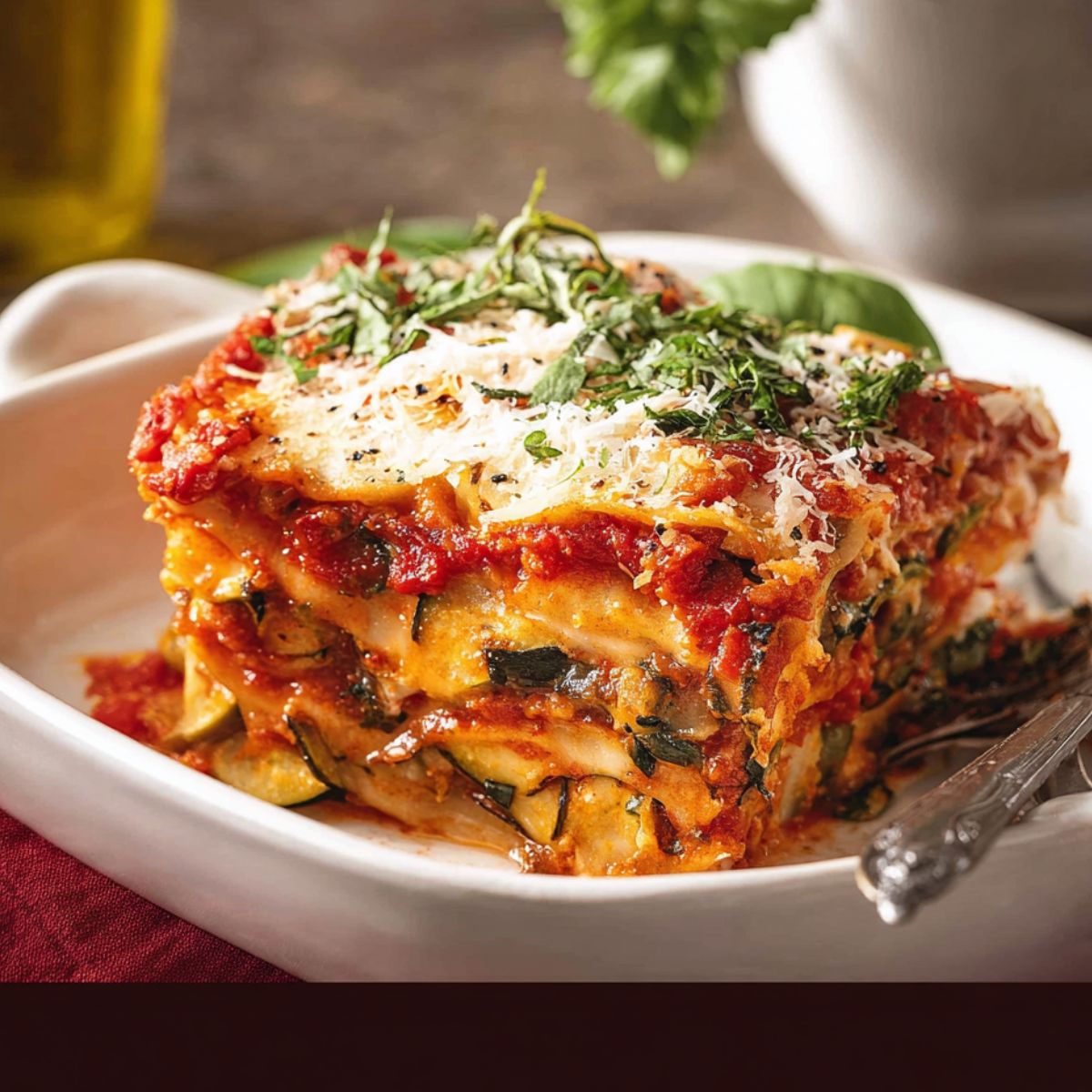 Slice of homemade vegetable lasagna with layers of pasta, veggies, marinara, melted cheese, and fresh herbs in a white dish.