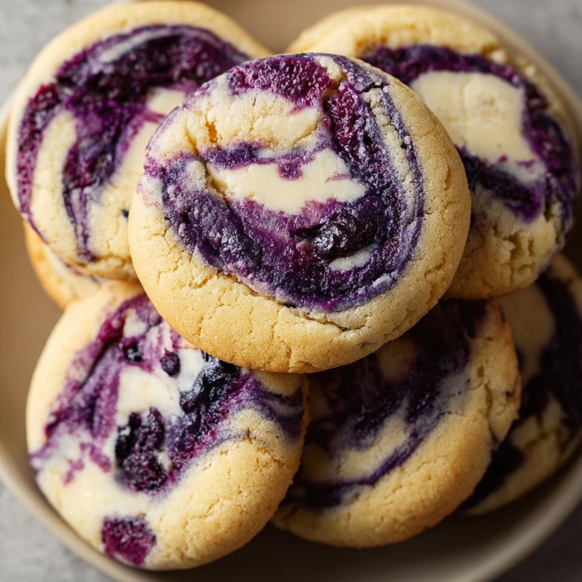 Homemade blueberry cheesecake swirl cookies stacked on a plate, with golden edges and rich purple and white swirls of blueberry and cream cheese filling on top.