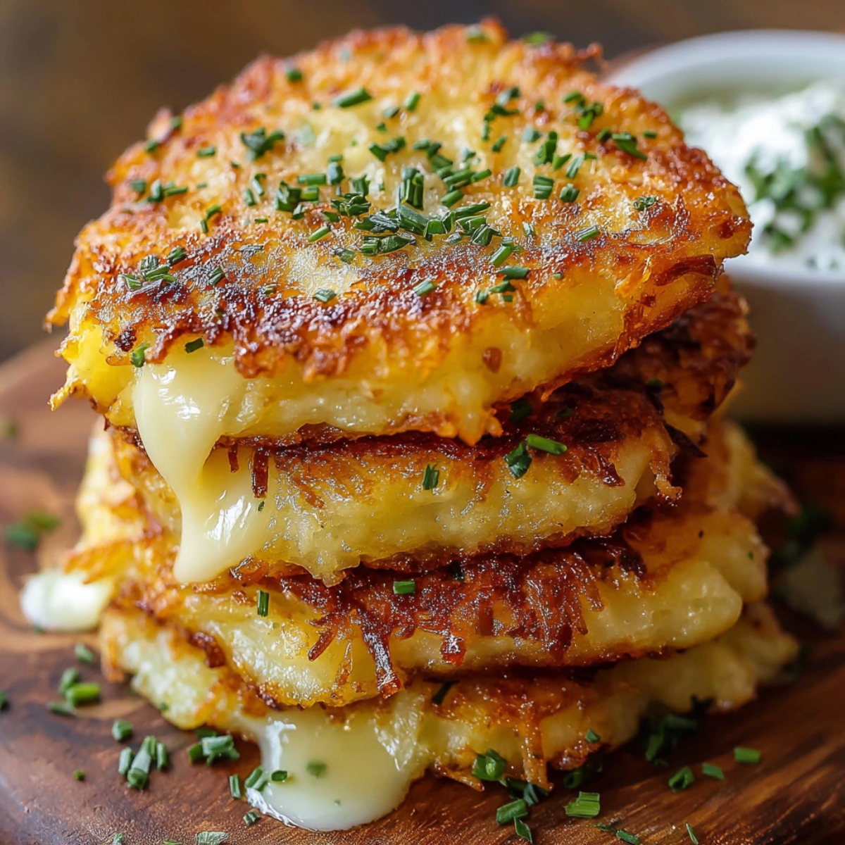 A stack of crispy, golden cheesy potato pancakes with gooey melted cheese dripping down the sides, topped with chopped chives and served on a wooden board with sour cream in the background.