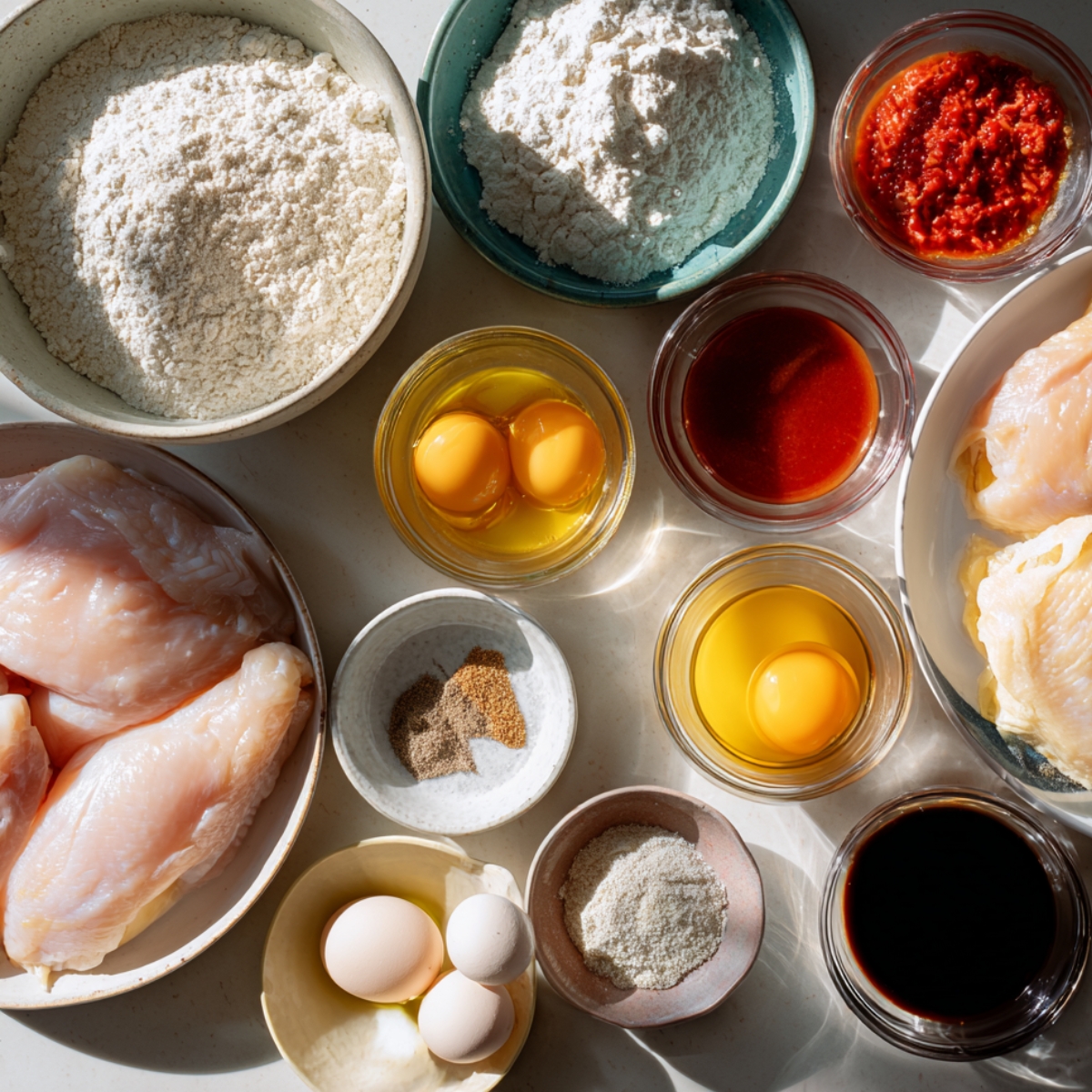 Bang Bang Chicken ingredients: raw chicken, flour, eggs, cornstarch, spices, sriracha, soy sauce, and chili paste in small bowls on a bright countertop.